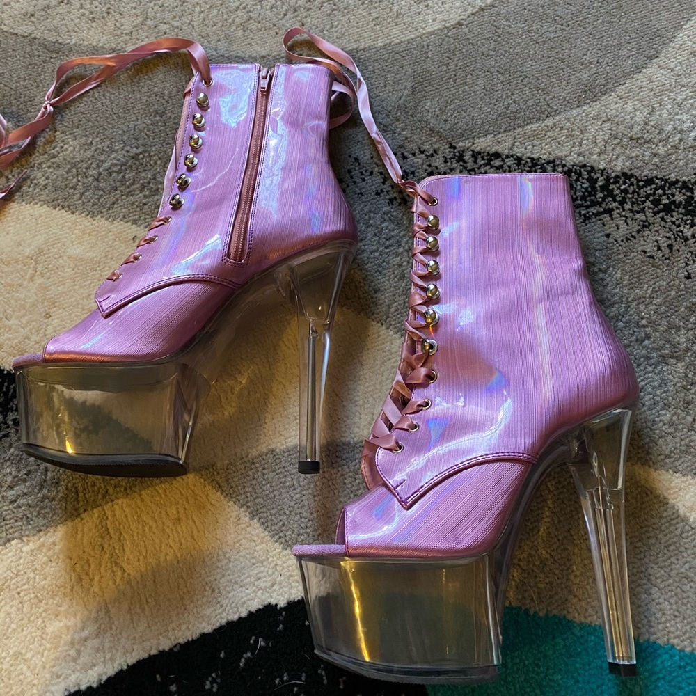 Patent leather metallic pink peep toe laceup boots